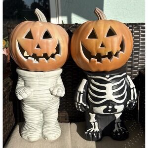 Gemmy Halloween Blow Mold Skeleton Mummy Pumpkin Jack O Lantern Stands 18" Light